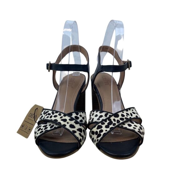 Crevo Women’s Black Spotted Leather Cow Hair Katnis Heeled Sandals Sz 7.5 - New - Picture 2 of 11